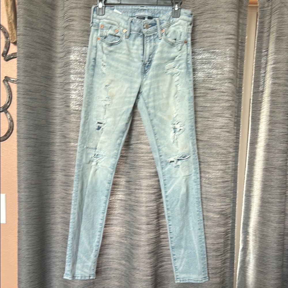 American Eagle Outfitters Blue Skinny Jeans with Distressed Details